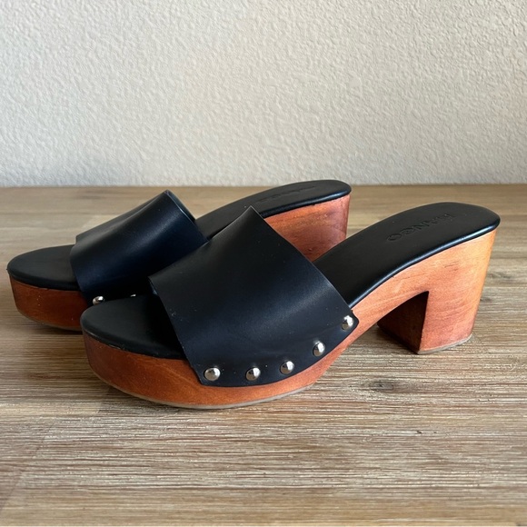 Mango Shoes Womens 7.5 Black Leather Chunky Wood Studded Platform Block Heel - Picture 2 of 16